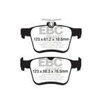 EBC Ultimax2 rear brake pads with black finish, pre-fitted shims, and center slot cooling channel.