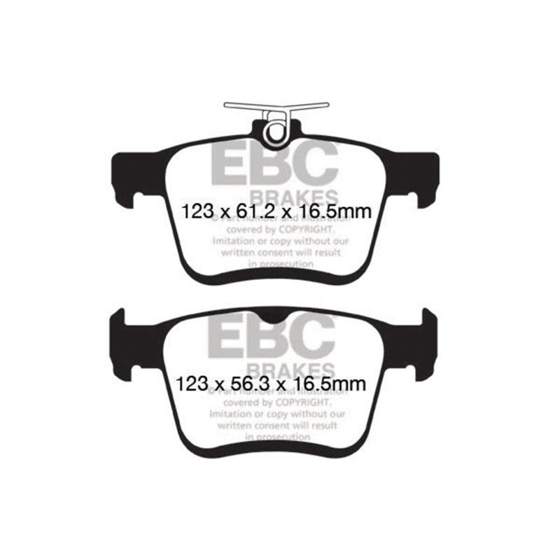EBC Ultimax2 rear brake pads with black finish, pre-fitted shims, and center slot cooling channel.