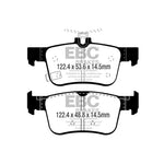 EBC Brakes Ultimax2 rear brake pads set featuring black friction material with shimmed and slotted backplates.