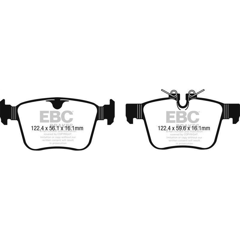 EBC Ultimax2 UD1821 rear brake pads showing the shimmed, slotted, and chamfered friction material.