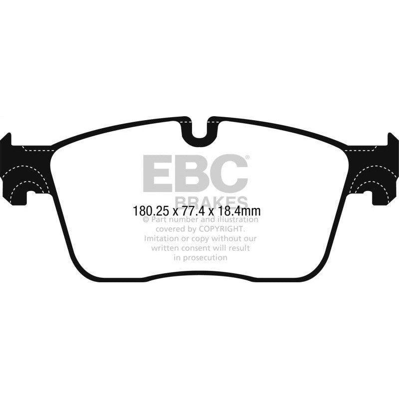 EBC Yellowstuff performance front brake pads with yellow backing plates and high-friction aramid fiber compound.