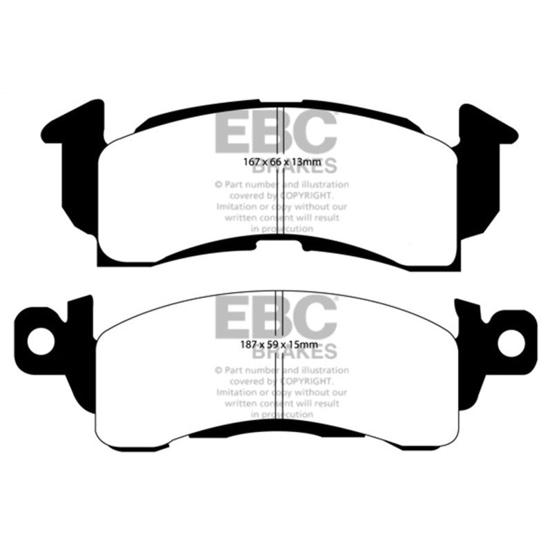 Yellow EBC Brakes Yellowstuff high-performance front brake pads for 1980-1996 GM vehicles.