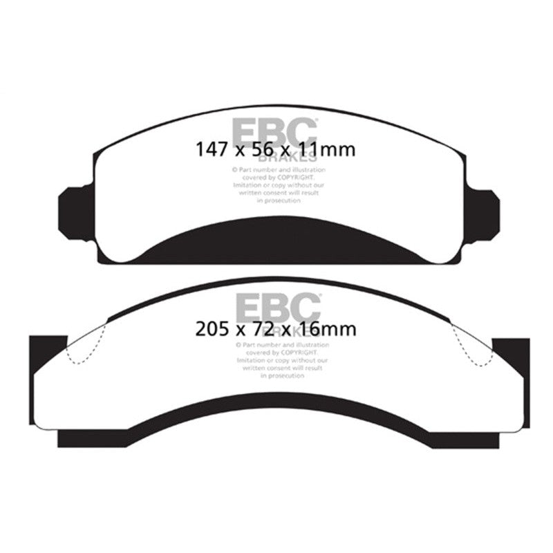 EBC Yellowstuff high-friction yellow front brake pads with aramid fiber compound for Chevrolet, GMC, and Dodge trucks.