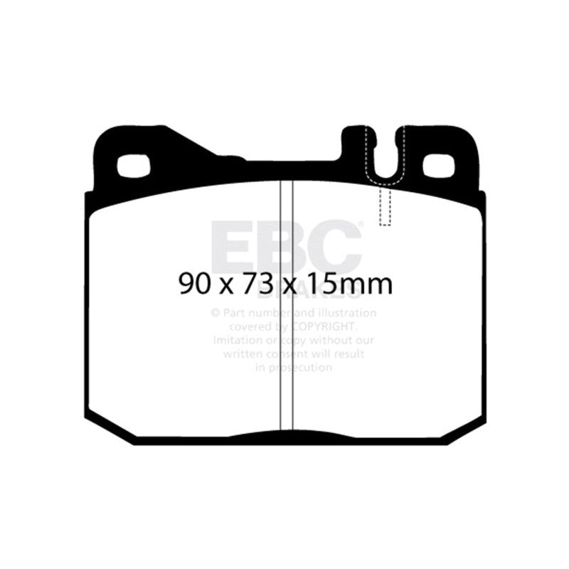 Set of EBC Brakes Ultimax2 front brake pads featuring shims, slots, and chamfered edges for Mercedes-Benz.
