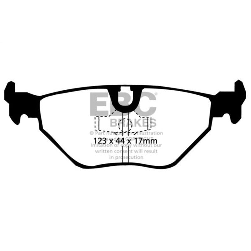 EBC Brakes Ultimax2 rear brake pads featuring black powder-coated backing plates with shims and chamfered friction edges.