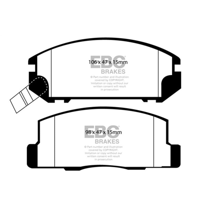 Set of EBC Yellowstuff rear brake pads featuring yellow aramid fiber friction material and DP41107R part number.