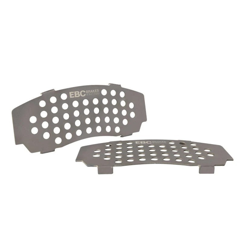 EBC Racing laser-cut perforated titanium brake pad shims for BMW M3 and 1 Series calipers.