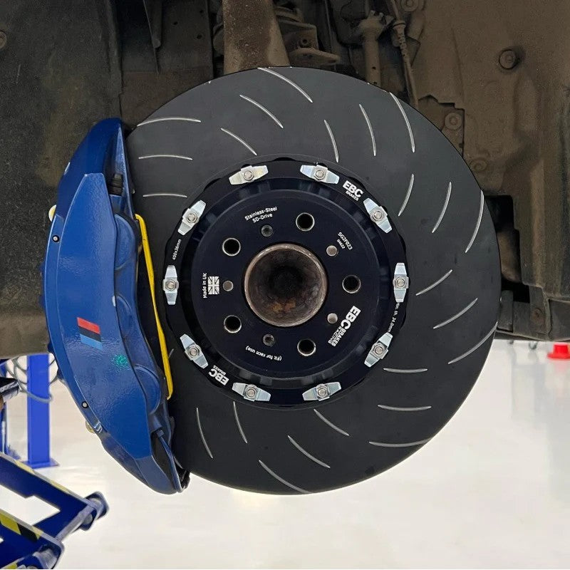 EBC Racing SG series 2-piece front brake rotor featuring a cast iron friction ring and aluminum center hub