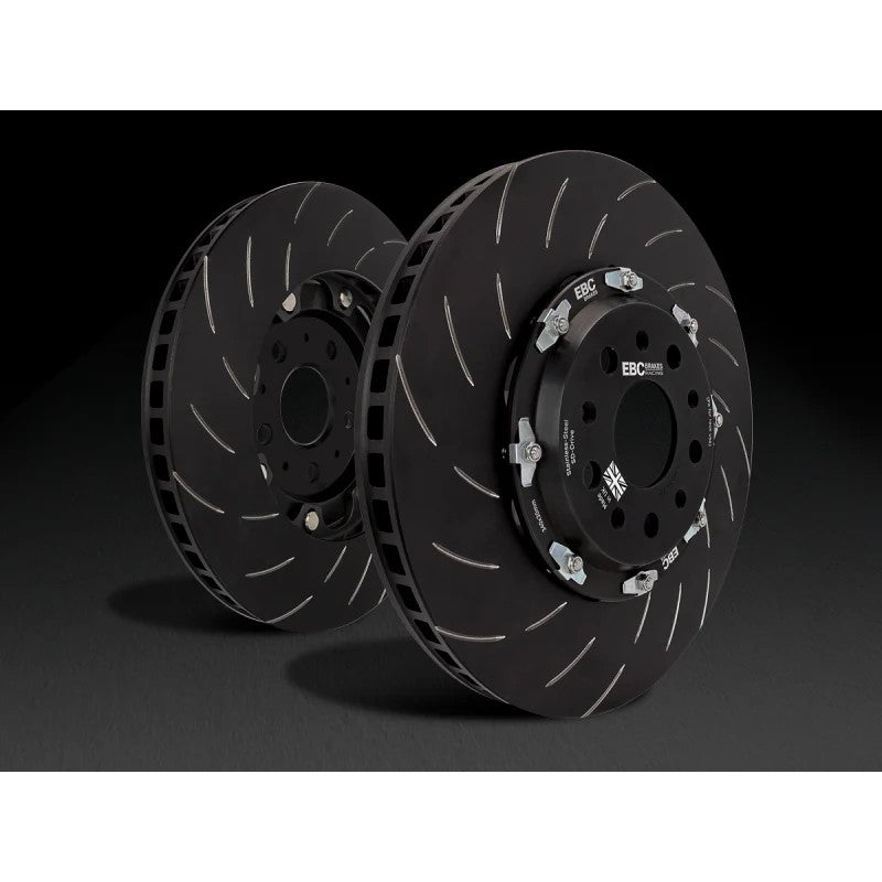 Pair of EBC Racing SG series 2-piece front brake rotors with slotted iron rings and black aluminum center hats.