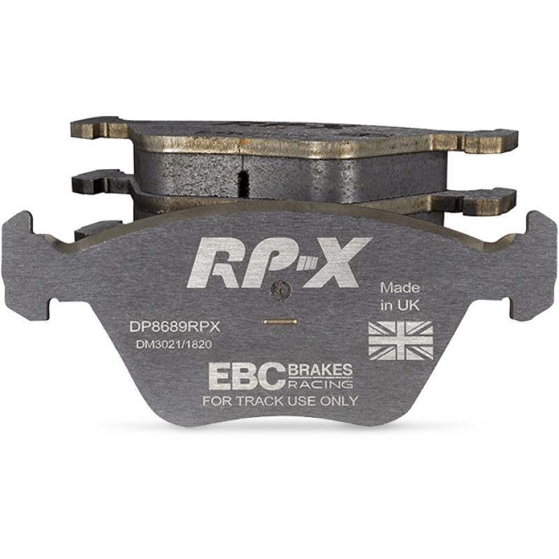 EBC Racing RP-X high-performance front brake pads with stainless steel backing plates and NRS hook retention system.