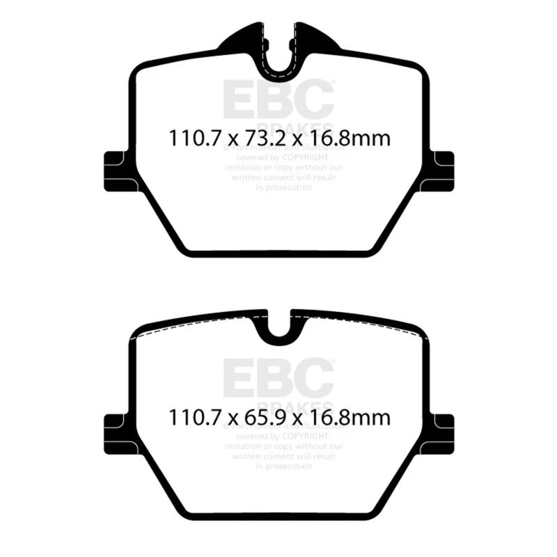 EBC Racing RP-X track-spec rear brake pads with stainless steel backing plates and Nucap NRS retention hooks.