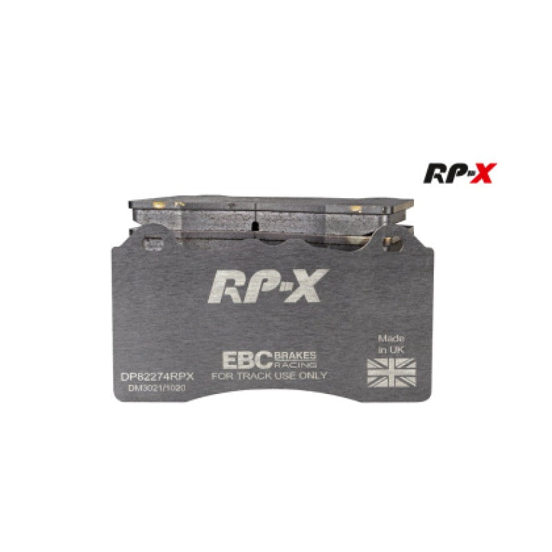 EBC Racing RP-X rear brake pads showing the track-focused compound and stainless steel back plates with NRS hooks.