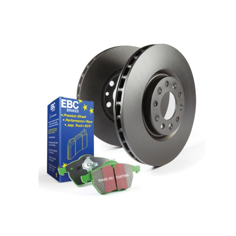 EBC Brakes S11 brake kit including Greenstuff 2000 pads and silver thermic-coated RK series rotors.