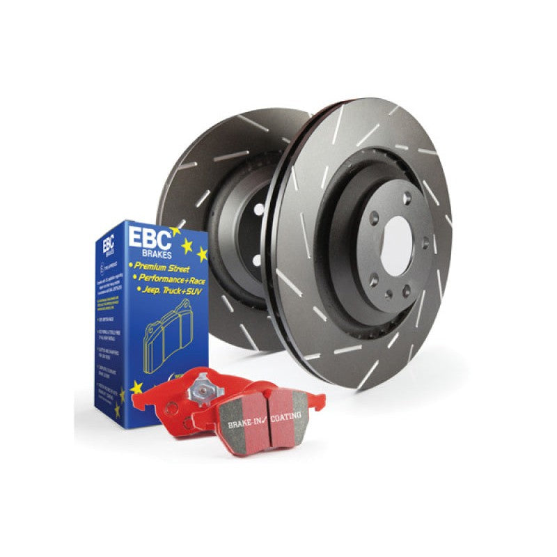 EBC S4 brake kit including Redstuff ceramic pads and black Geomet coated USR slotted rotors.