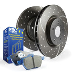 EBC Brakes S6 kit featuring Bluestuff NDX pads and Thermic Black coated GD dimpled and slotted rotors.