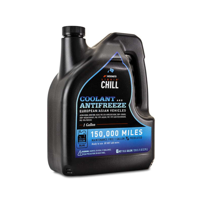 One gallon bottle of Mishimoto Liquid Chill Blue 50/50 pre-diluted engine coolant.