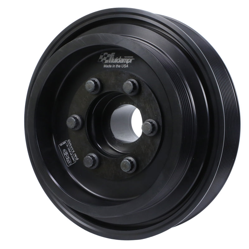 Fluidampr internally balanced performance harmonic damper with black zinc finish and engraved timing marks.