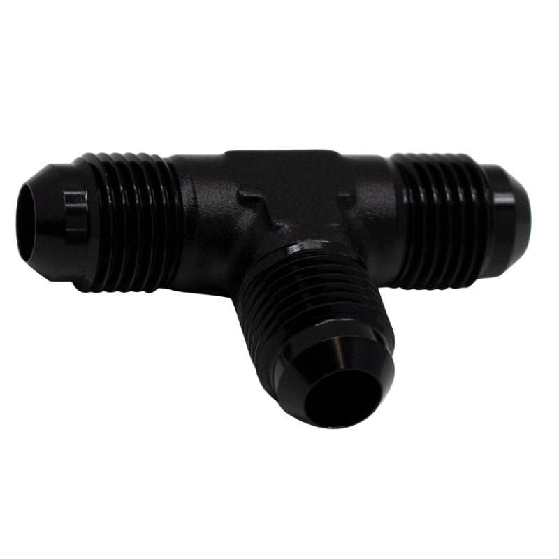 DeatschWerks 6AN male flare to 6AN male flare tee fitting in an anodized matte black finish.