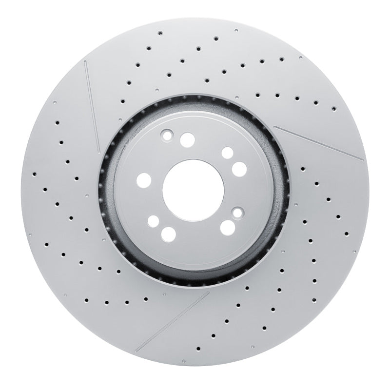 Drilled and slotted front brake rotor for Mercedes-Benz AMG with GeoSPEC protective coating and precision milled vents.