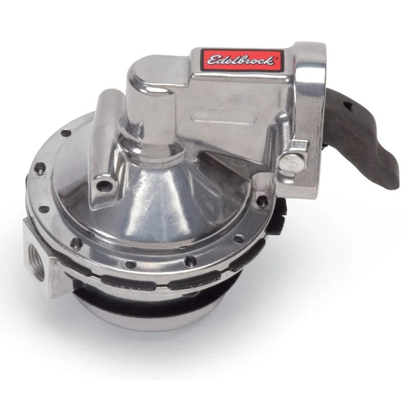 Edelbrock Performer RPM mechanical fuel pump with three-stage polished finish and 3/8 inch NPT ports.