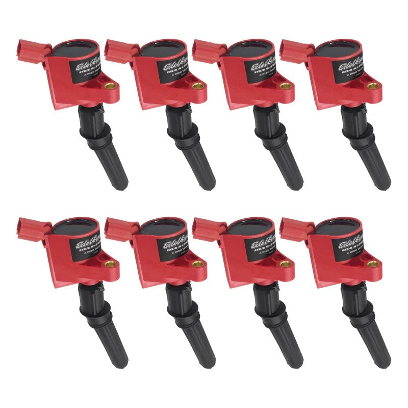 Set of eight red Edelbrock Max Fire coil-on-plug ignition coils for Ford Modular V8 and V10 engines.