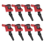 Set of eight red Edelbrock Max Fire coil-on-plug ignition coils for Ford Modular V8 and V10 engines.