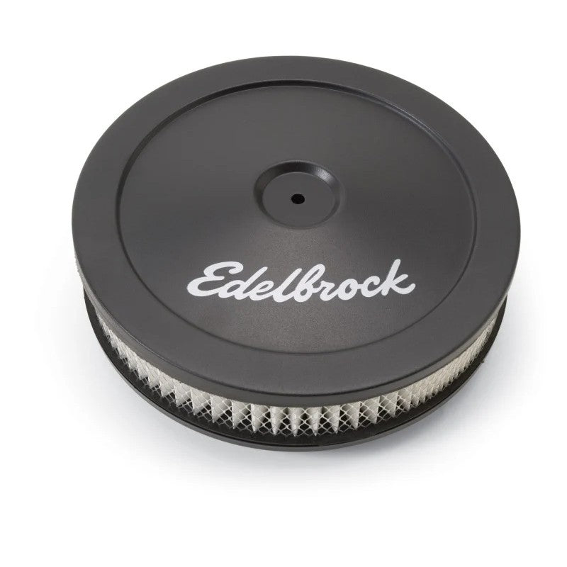 Edelbrock Pro-Flo Series 10-inch round triple chrome-plated air cleaner assembly with paper filter element.