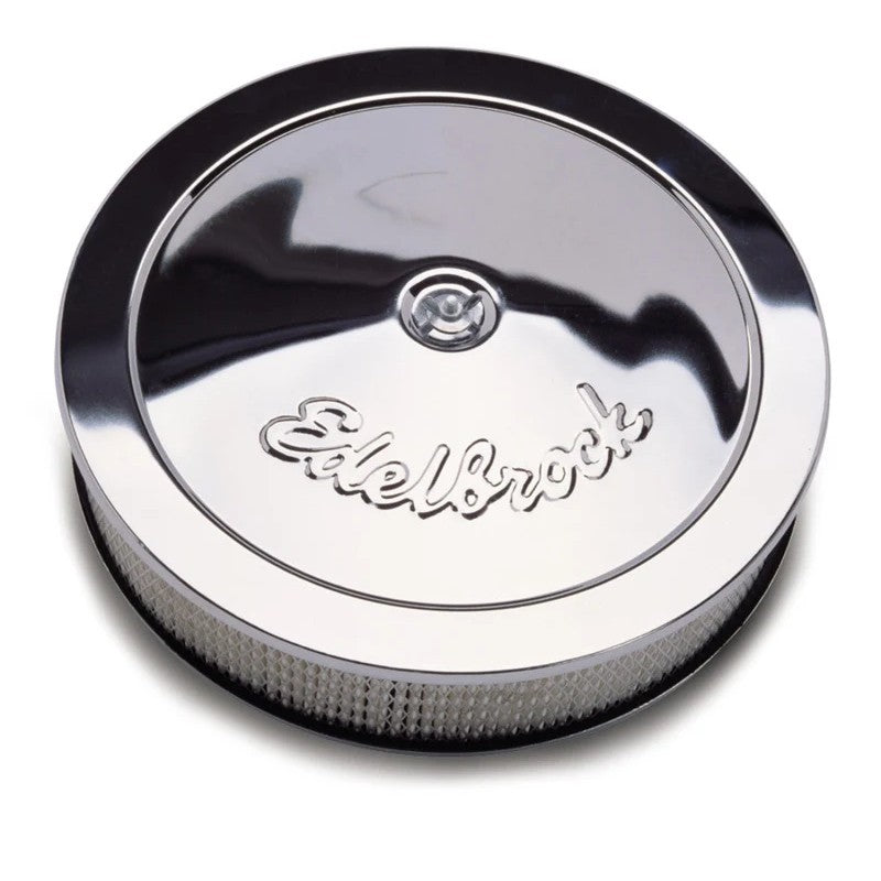 Edelbrock Pro-Flo series 14-inch round triple chrome-plated steel air cleaner with paper filter element