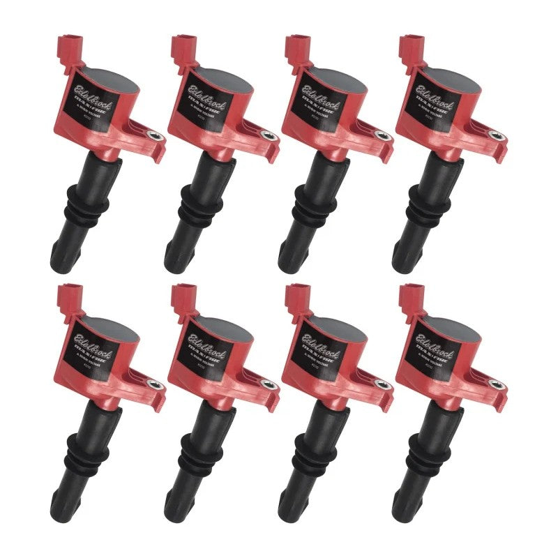 Set of eight red Edelbrock Max Fire ignition coils for 2000-2008 Ford 3-valve V8 engines
