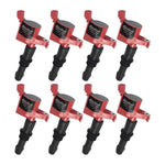 Set of eight red Edelbrock Max Fire ignition coils for 2000-2008 Ford 3-valve V8 engines