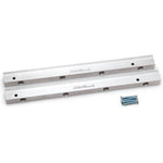 Clear anodized aluminum Edelbrock 3639 fuel rails with mounting stands and hardware for Ford 4.6L engines.