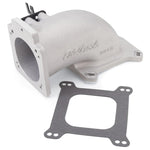 As-cast aluminum Edelbrock low profile intake elbow featuring a 90mm throttle body opening and 4150 square-bore flange.