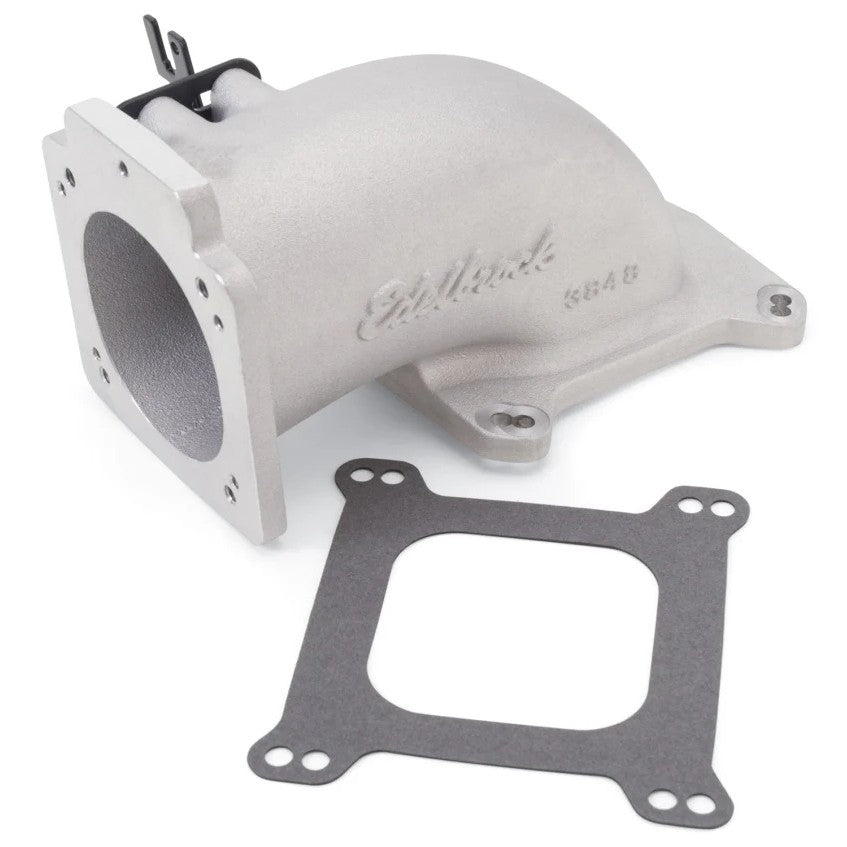 As-cast aluminum Edelbrock low profile intake elbow featuring a 90mm throttle body opening and 4150 square-bore flange.