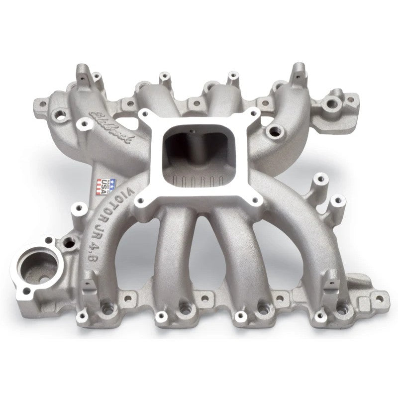 Edelbrock Victor Jr. natural aluminum EFI intake manifold for 1999-2004 Ford 4.6L SOHC engines.