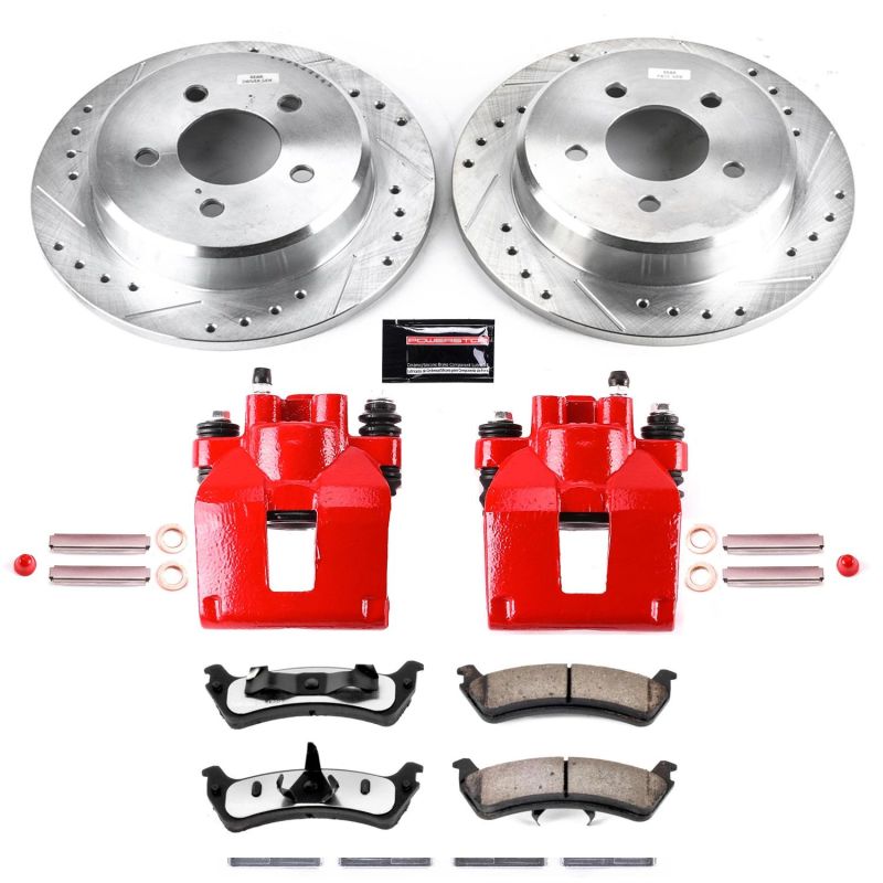 Power Stop Z36 rear brake kit featuring red calipers, drilled and slotted rotors, and carbon-fiber ceramic brake pads.
