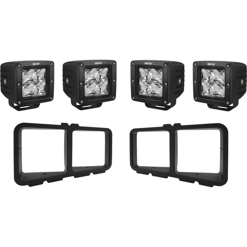 Four Westin HyperQ B-FORCE square LED lights with mounting brackets, wiring harness, and black hardware.