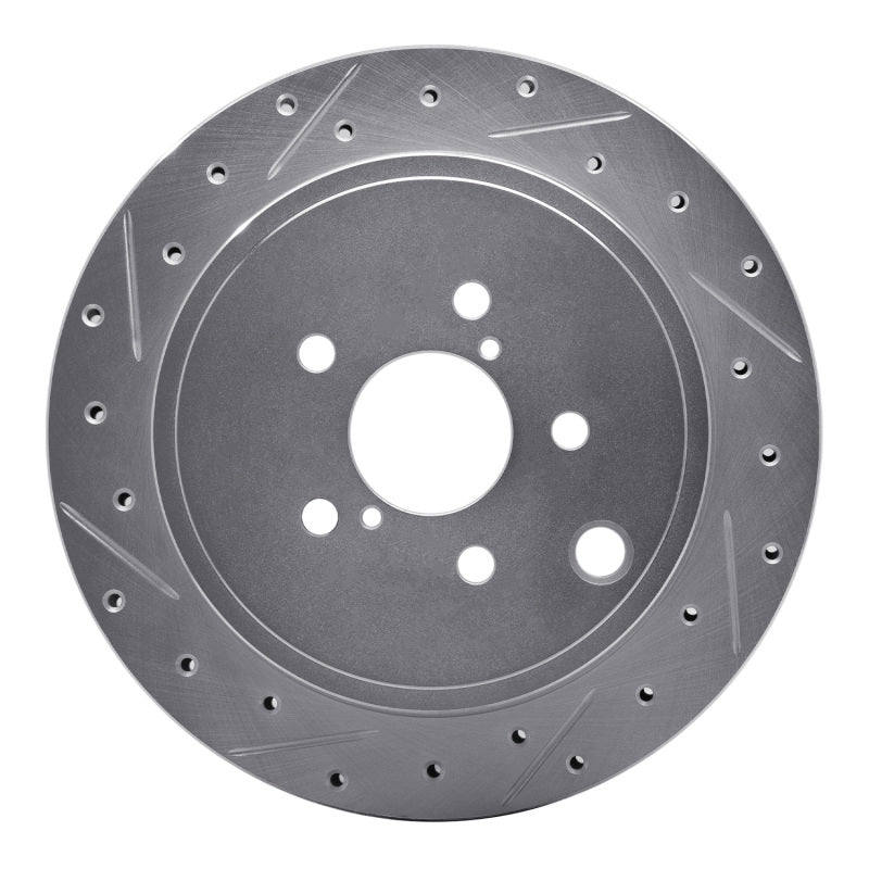 R1 Concepts silver zinc-plated rear left brake rotor featuring cross-drilled holes and diamond-cut machined slots.