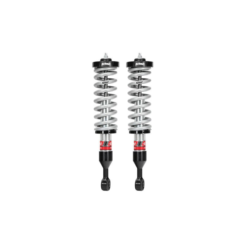 Eibach Pro-Truck 2.0 front coilovers with silver shock bodies, red springs, and black billet aluminum mounts.