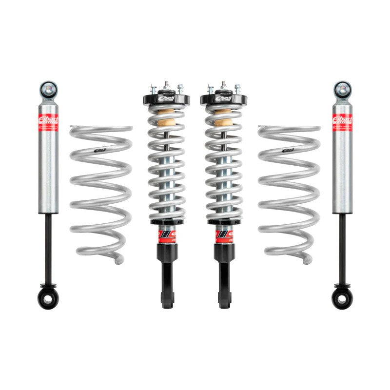 Eibach Stage 2 Pro-Truck Lift Kit components including front adjustable coilovers, rear shocks, and coil springs.