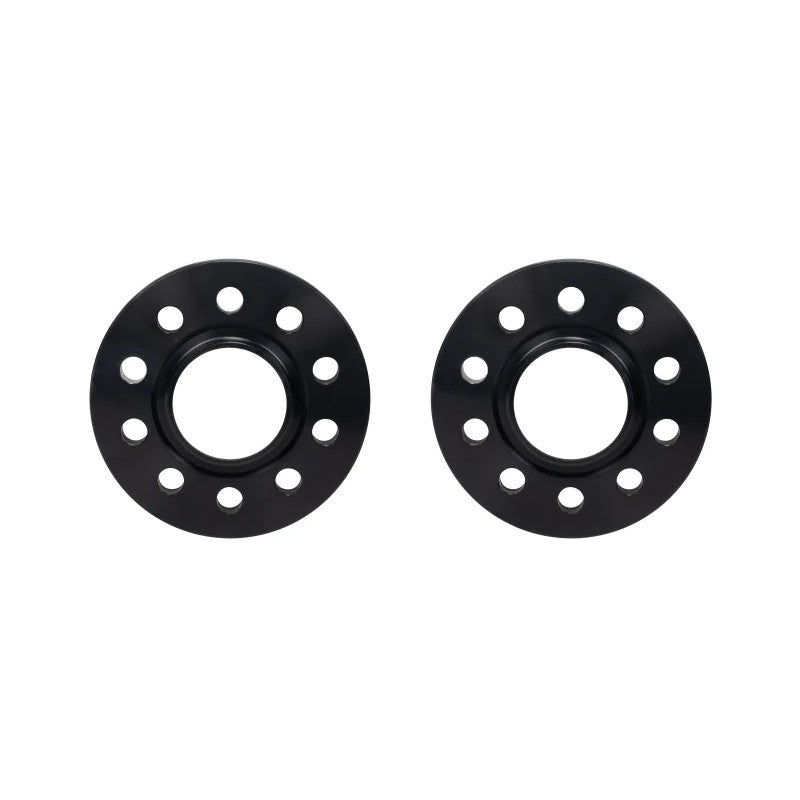 Pair of black anodized Eibach Pro-Spacer 15mm hub-centric aluminum wheel spacers with mounting hardware.