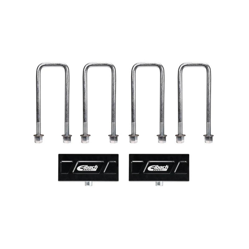 Eibach PRO-TRUCK 1-inch anodized billet aluminum rear lift blocks with heavy-duty steel centering pins and extended U-bolts.