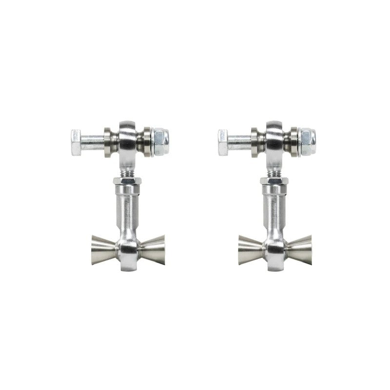 Pair of Eibach fully adjustable sway bar end links featuring chromoly rod ends and hex adjustment bodies.