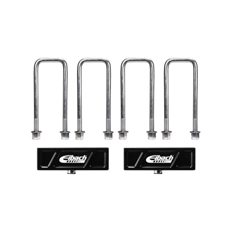 Eibach Pro-Truck anodized 6061-T6 billet aluminum 1.5-inch rear lift blocks with heavy-duty extended U-bolts and hardware.
