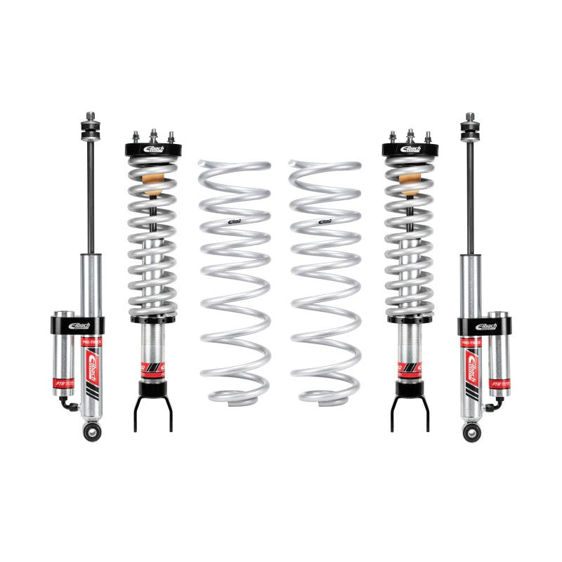 Eibach PRO-TRUCK-LIFT Stage 2R suspension system featuring adjustable front coilovers and rear external reservoir shocks.