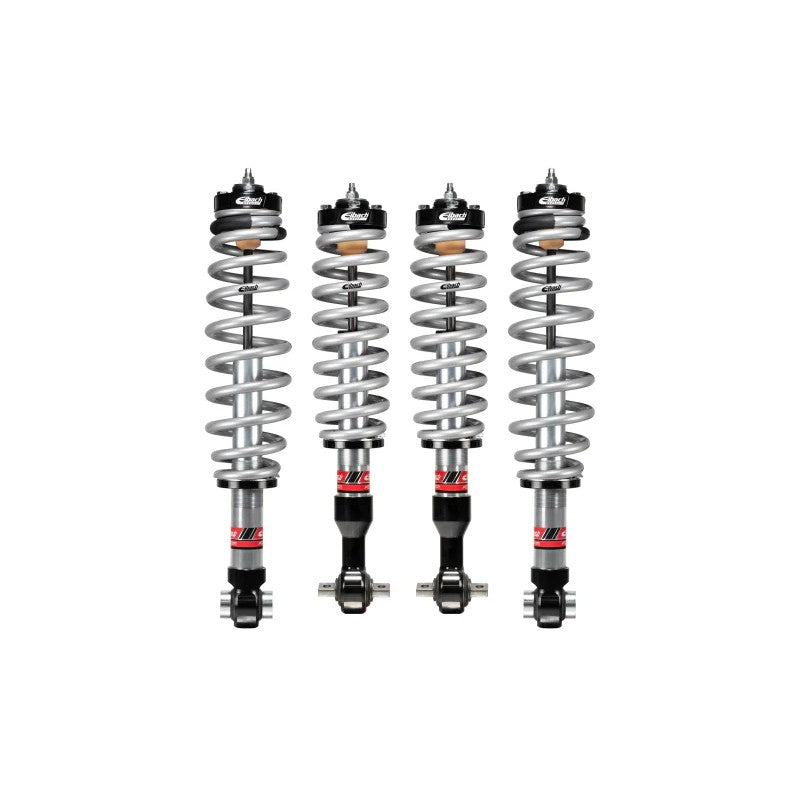 Eibach Pro-Truck Coilover 2.0 front and rear units with silver HD springs and black anodized mounts for Ford Bronco.