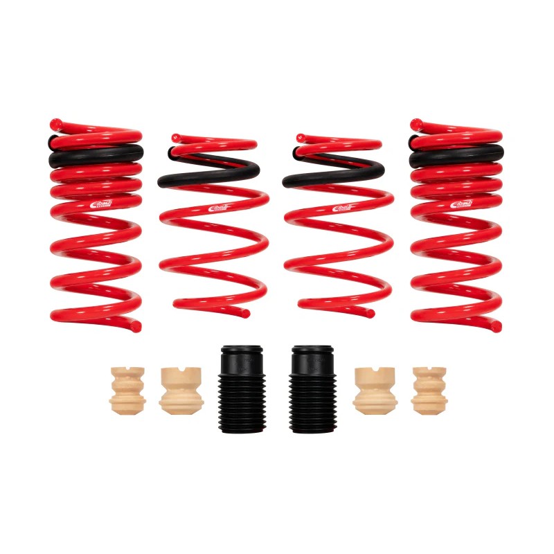 Set of four red Eibach Sportline lowering springs for the 2024-2026 Ford Mustang GT