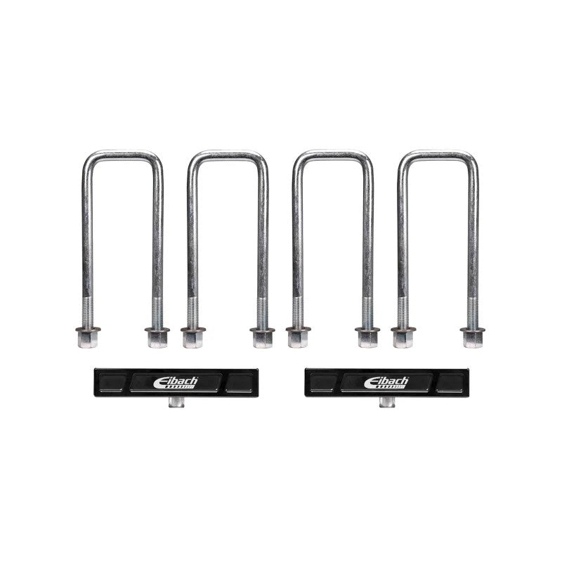 Eibach 1-inch anodized 6061-T6 billet aluminum rear lift blocks with heavy-duty U-bolts and steel centering pins.