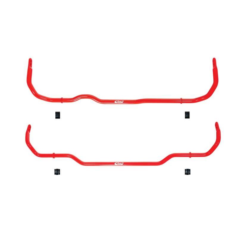 Eibach Anti-Roll-Kit featuring 26mm front and 23mm rear red sway bars with mounting hardware.