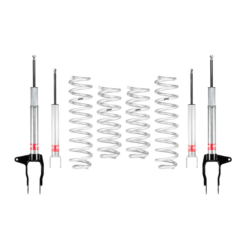 Eibach PRO-TRUCK-LIFT Stage 1 suspension system with silver coil springs and zinc-plated shocks for Jeep Grand Cherokee.
