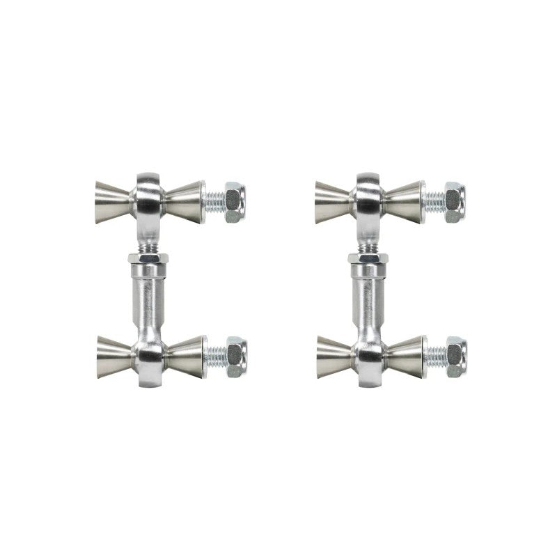 Pair of Eibach adjustable front anti-roll end links with silver hex bodies and heavy-duty chromoly rod ends